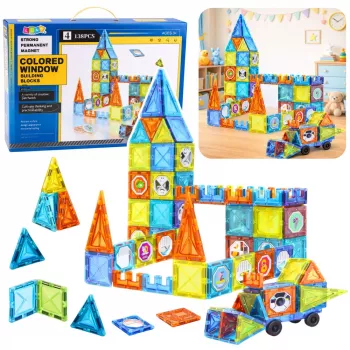 LEAN TOYS Magnetische Lernbausteine mit Fenstern und 3D-Fahrzeugstickern, 138 Stück