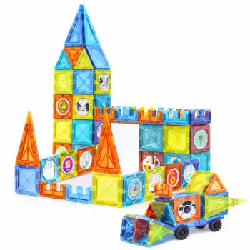 LEAN TOYS Magnetische Lernbausteine mit Fenstern und 3D-Fahrzeugstickern, 138 Stück