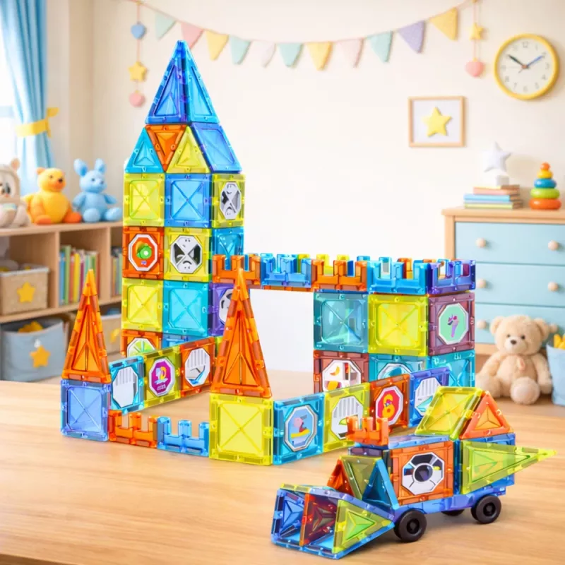 LEAN TOYS Magnetische Lernbausteine mit Fenstern und 3D-Fahrzeugstickern, 138 Stück