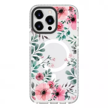 Evelatus Apple iPhone 15 Pro Max PC+TPU Hülle mit MagSafe - Transparentes Blumenmuster