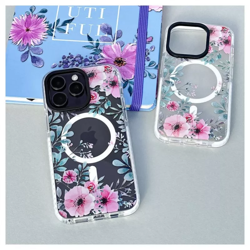 Evelatus Apple iPhone 15 Pro Max PC+TPU Hülle mit MagSafe - Transparentes Blumenmuster