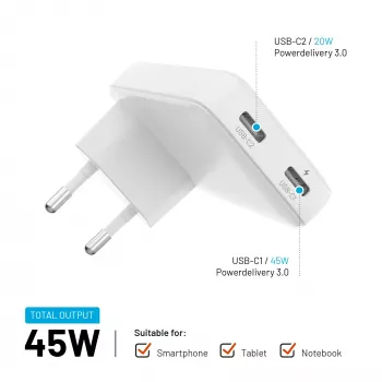 Fixed Slim 2xUSB-C Reiseladegerät 65W GaN PD Weiß