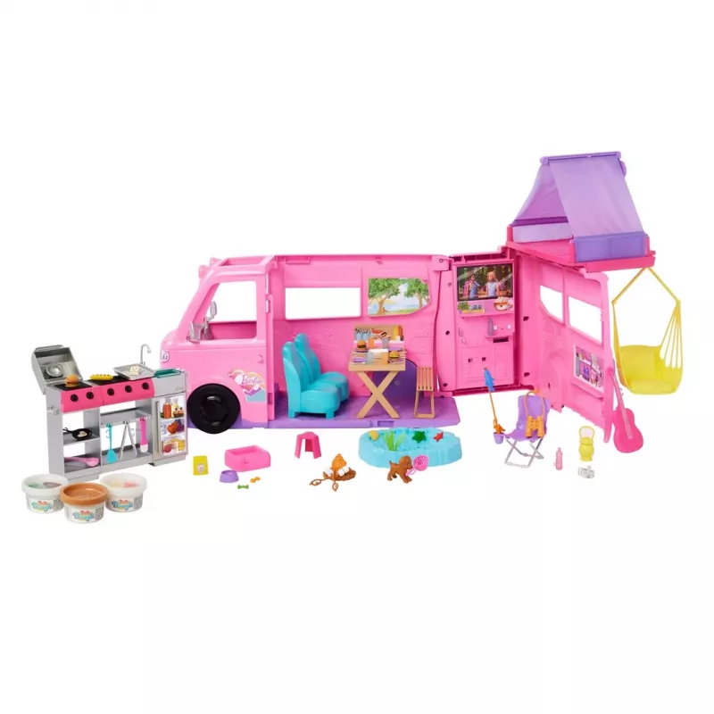 Barbie Dreamhouse Adventures Puppen-Wohnmobil-Spielset, verwandelt sich in 7-Bereichs-Wohnmobil, 60+ Zubehörteile, Rosa