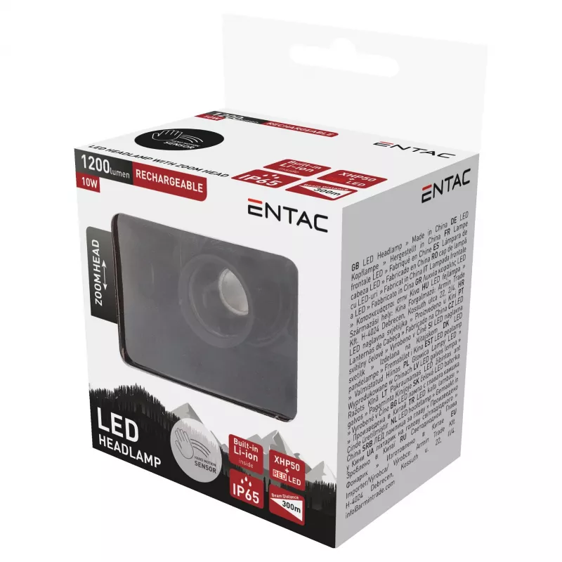 ENTAC EHL-ZH-10W-R Zoom-Stirnlampe mit wiederaufladbarem Akku 10W Bewegungssensor
