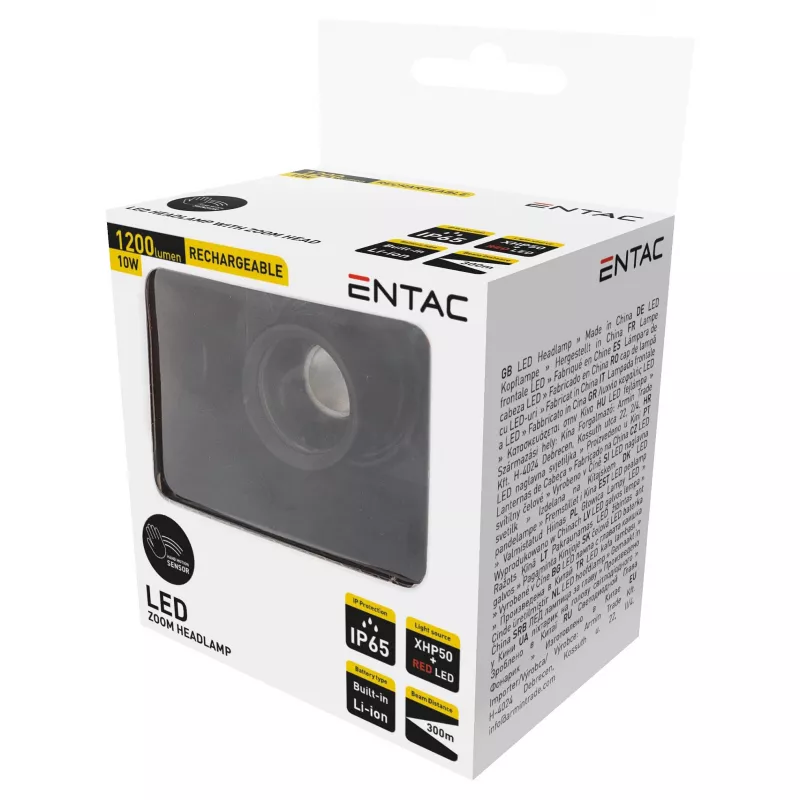 ENTAC EHL-ZH-10W-R Zoom-Stirnlampe mit wiederaufladbarem Akku 10W Bewegungssensor