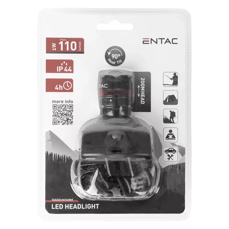 ENTAC EHL-ZOOM-1W-PL Zoom 1W LED-Stirnlampe, Schwarz