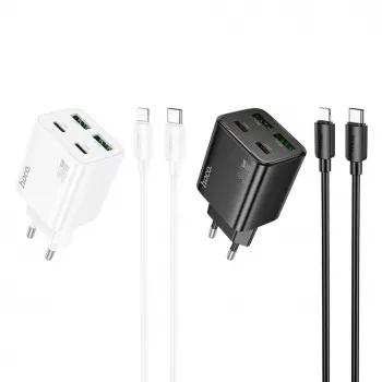 HOCO 30W 4-Port USB-Wandladegerät mit USB-C-auf-Lightning-Kabel – Weiß