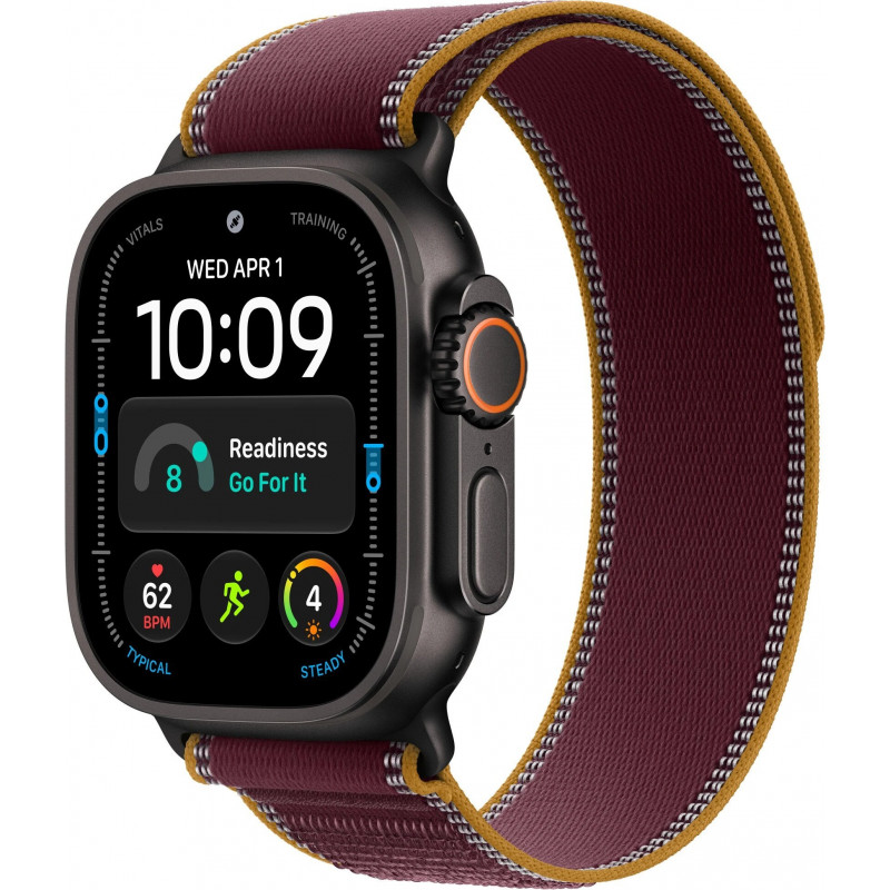 Apple Watch Ultra 4 GPS + Cellular 49 mm Titangehäuse Schwarz mit Trail Loop Burgund – M/L