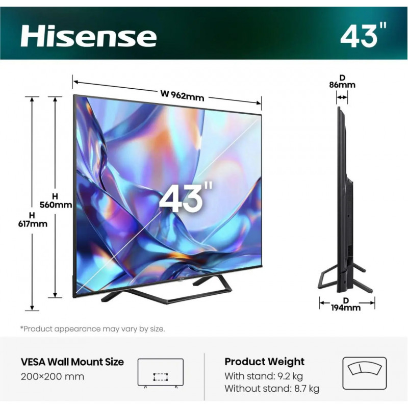 Hisense 43A7S 43 inch QLED 4K VidaaOS 60Hz Dolby Vision IQ 2026 Fernseher