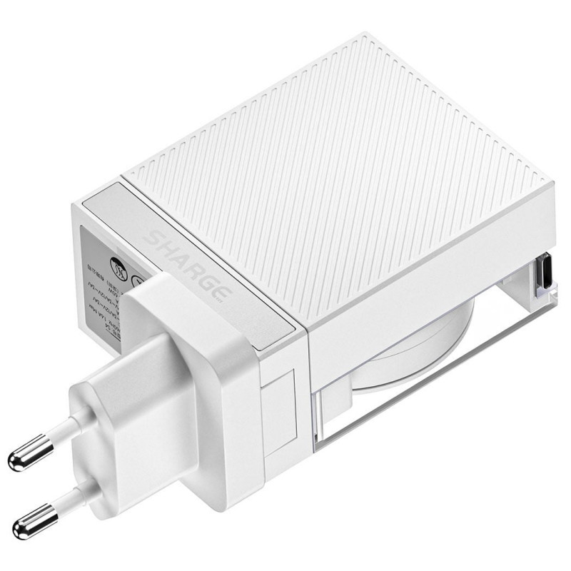 SHARGE Einziehbares 65 GaN Ladegerät, 65W, 2x USB-C, integriertes USB-C-Kabel – weiß