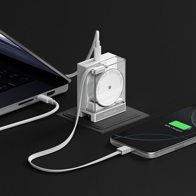 SHARGE Einziehbares 65 GaN Ladegerät, 65W, 2x USB-C, integriertes USB-C-Kabel – weiß