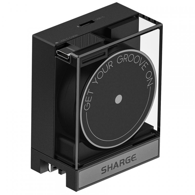 SHARGE Einziehbares 65-GaN-Ladegerät, 65 W, 2x USB-C, Integriertes USB-C-Kabel, Schwarz