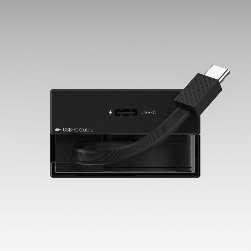 SHARGE Einziehbares 65-GaN-Ladegerät, 65 W, 2x USB-C, Integriertes USB-C-Kabel, Schwarz
