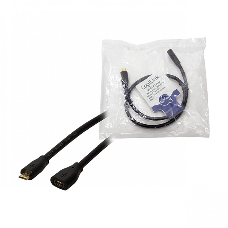 LogiLink CU0120 USB 2.0 Verlängerungskabel, Micro-USB B Stecker auf Micro-USB B Buchse, 0,5 m, Schwarz