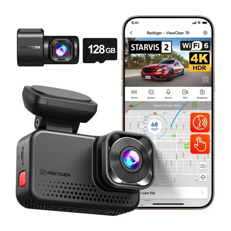 REDTIGER VC70 Wi-Fi 4K + 2,5K Dashcam mit 128GB Karte