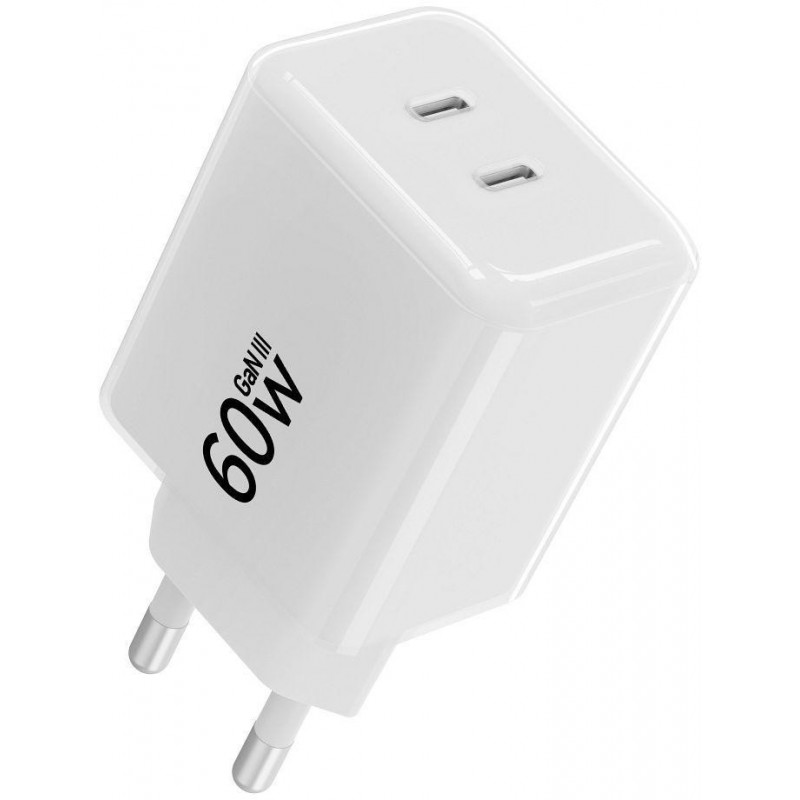 Forcell F-Energy GaN III Crystal Color VT-60 60W PD QC 4.0 2x USB-C Wandladegerät weiß + Kabel