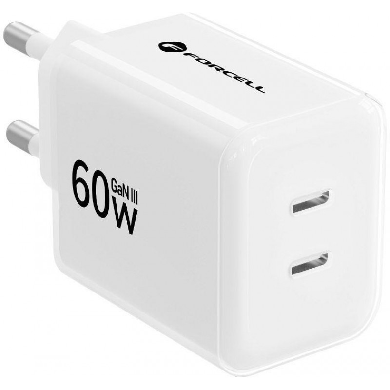 Forcell F-Energy GaN III Crystal Color VT-60 60W PD QC 4.0 2x USB-C Wandladegerät weiß + Kabel
