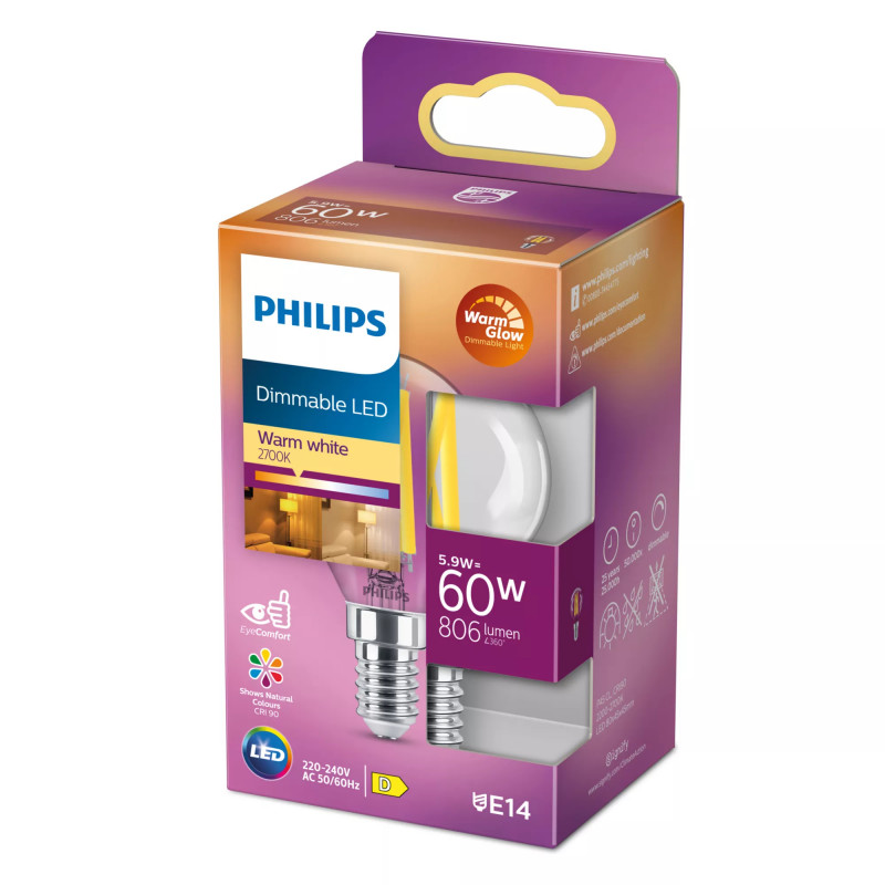 Philips LED classic WarmGlow Lampe 60W E14, Tropfen, klar, dimmbar