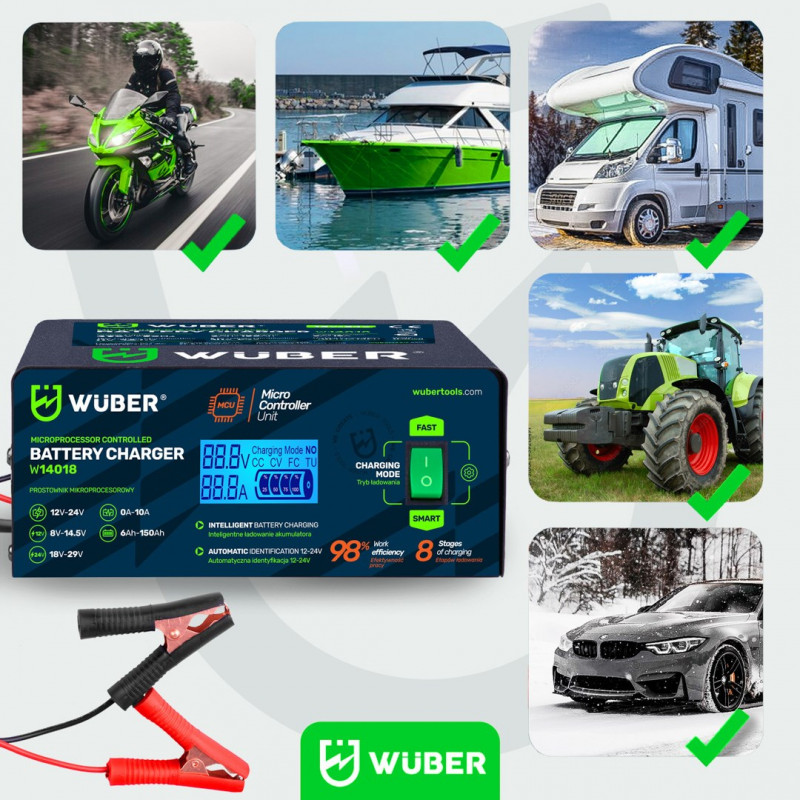 Wuber W14018 Mikroprozessor-Autobatterieladegerät, 10 A, 6-150 Ah, 2-24 V