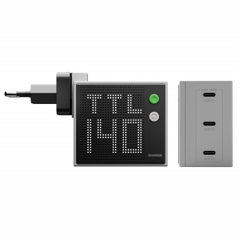SHARGE Pixel 140 GaN-Ladegerät, 140W, 3x USB-C, Dot-Matrix-Display - grau