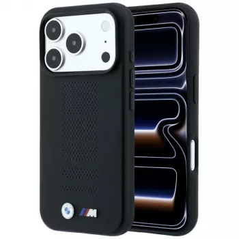 BMW M Blue Perfo Metal Logo MagSafe Hülle für iPhone 18 Pro / 17 Pro, Schwarz