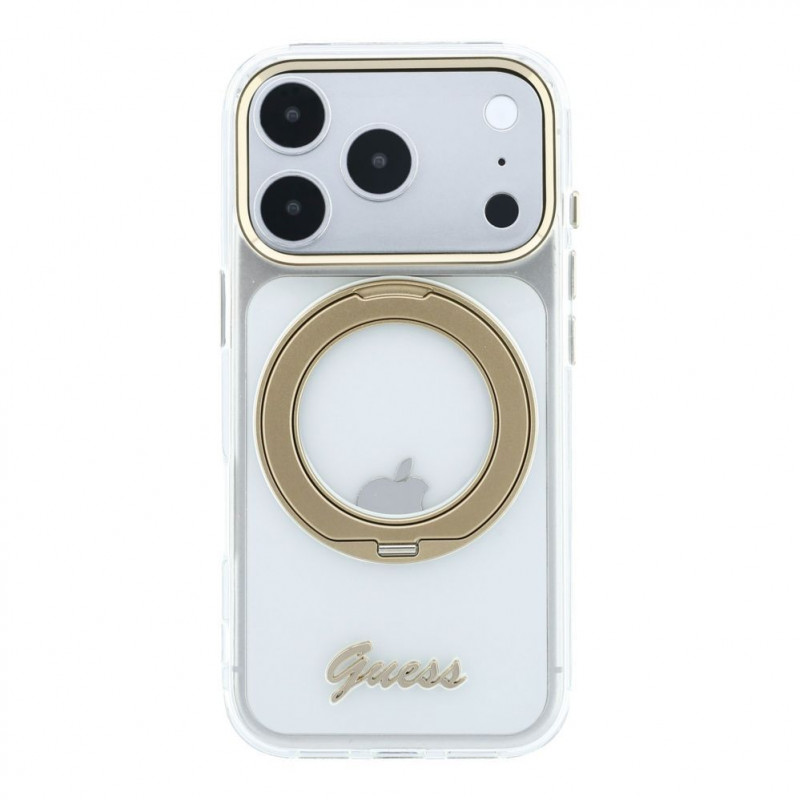 Guess HC MagSafe IML Ring Stand 360 Script Metal Logo Hülle für Apple iPhone 18 Pro, transparent