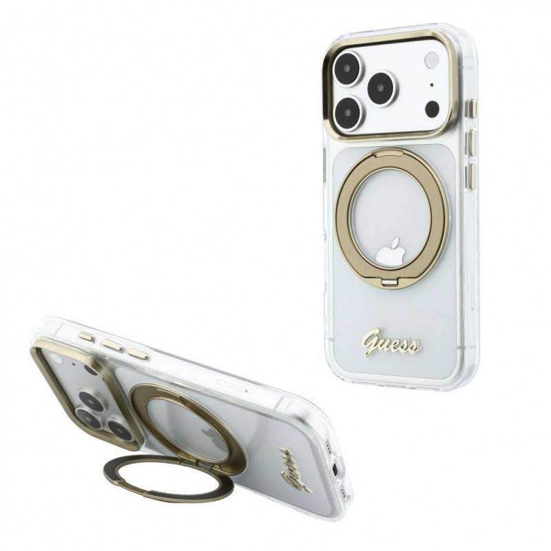 Guess HC MagSafe IML Ring Stand 360 Script Metal Logo Hülle für Apple iPhone 18 Pro, transparent