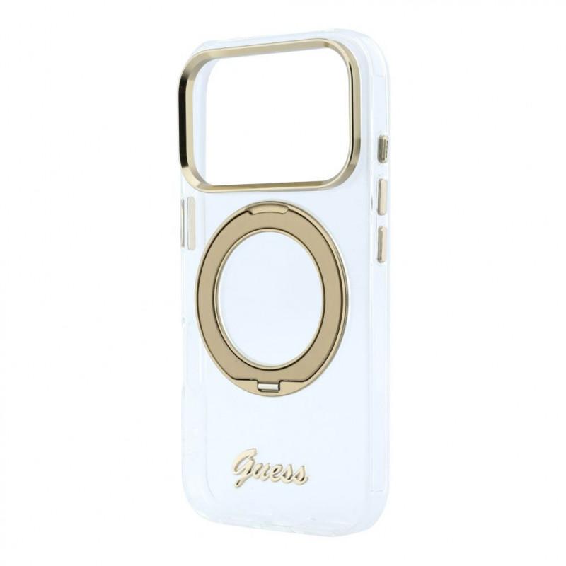 Guess HC MagSafe IML Ring Stand 360 Script Metal Logo Hülle für Apple iPhone 18 Pro, transparent