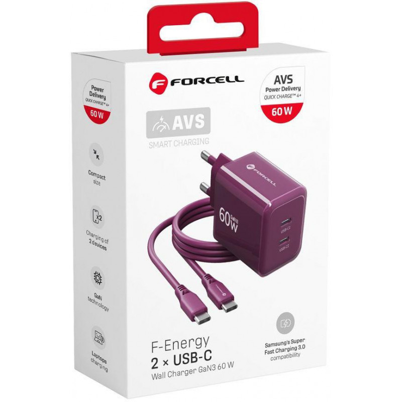 Forcell F-Energy GaN III VT-60 60W PD QC 4.0+ 2x USB-C burgunderfarbenes Netzteil + USB-C-Kabel