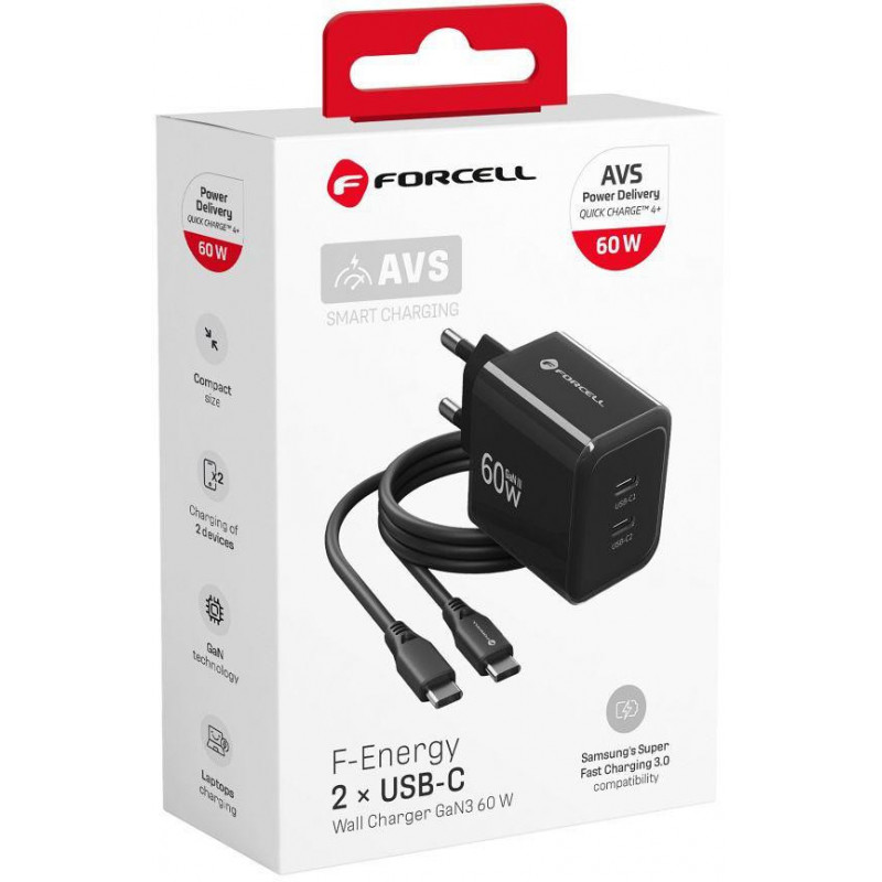 Forcell F-Energy GaN III VT-60 60W PD QC 4.0+ 2x USB-C Netzteil schwarz + USB-C-Kabel