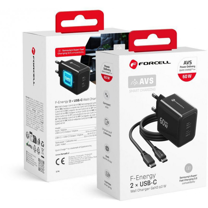 Forcell F-Energy GaN III VT-60 60W PD QC 4.0+ 2x USB-C Netzteil schwarz + USB-C-Kabel