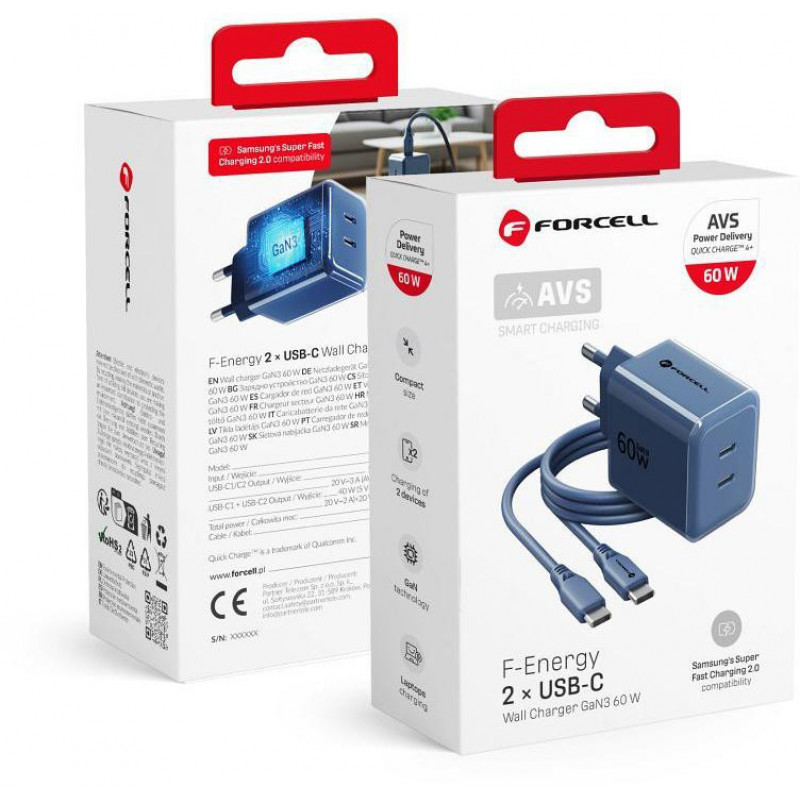 Forcell F-Energy GaN III VT-60 60W PD QC 4.0+ 2x USB-C Netzteil marineblau + USB-C Kabel