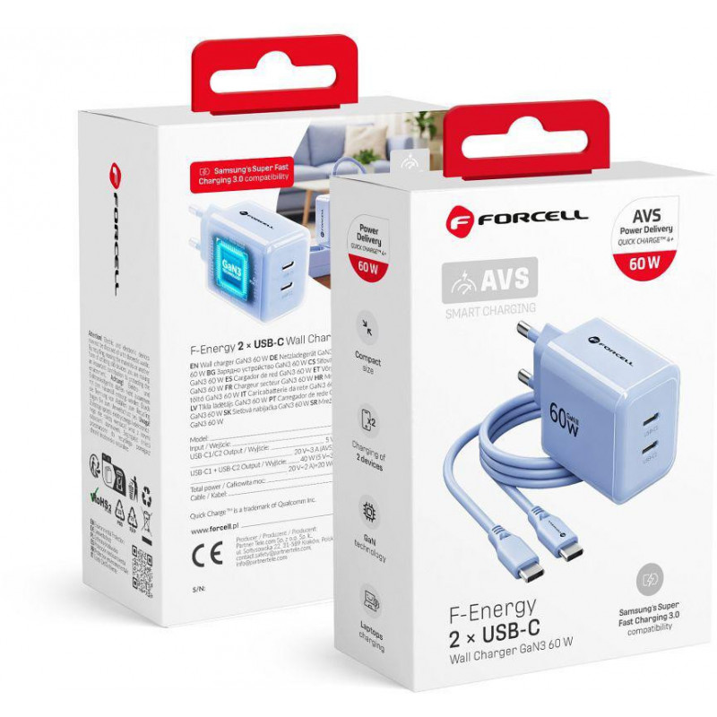 Forcell F-Energy GaN III VT-60 60W PD QC 4.0+ 2x USB-C Netzteil blau + USB-C Kabel