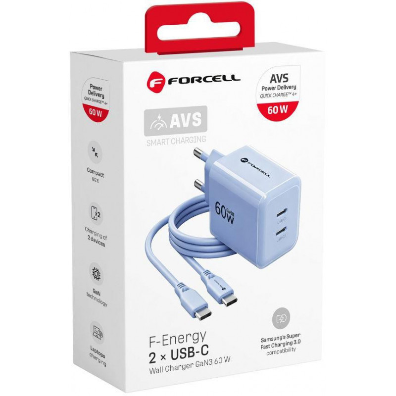 Forcell F-Energy GaN III VT-60 60W PD QC 4.0+ 2x USB-C Netzteil blau + USB-C Kabel