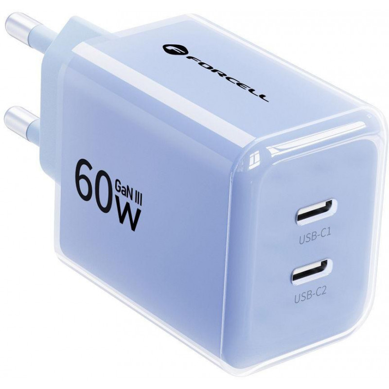 Forcell F-Energy GaN III VT-60 60W PD QC 4.0+ 2x USB-C Netzteil blau + USB-C Kabel