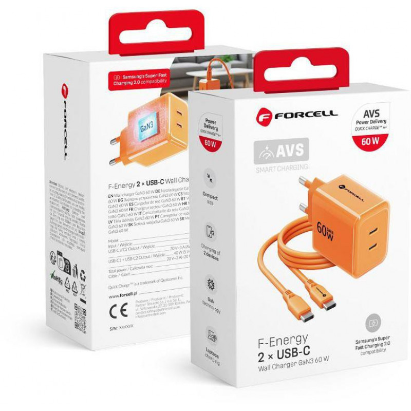 Forcell F-Energy GaN III VT-60 60W PD QC 4.0+ 2x USB-C Netzteil orange + USB-C Kabel