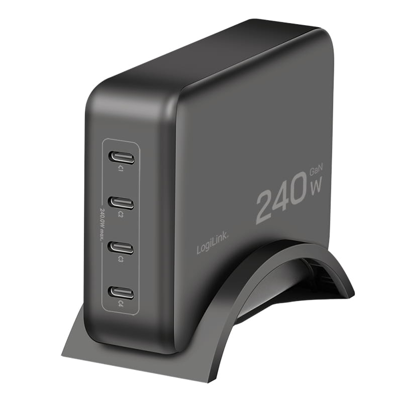 Logilink USB-C Schreibtisch-Ladegerät, 240 W, GaN, 4-Port, 4x USB-C (PD), Schwarz
