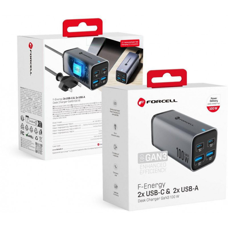 Forcell F-Energy GaN III VT-49 Tischladegerät, 2x USB-C + 2x USB-A, PD, QC 4.0, 100 W, Grau
