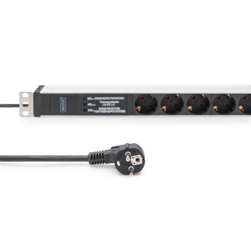 Digitus DN-95432 19 inch Rack-PDU, 6x Schuko, 2 m Kabel, Schuko-Stecker, 16 A, Überspannungsschutz und Filter