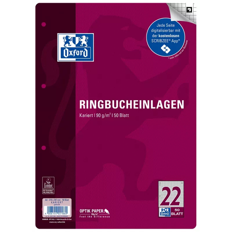 Oxford Ringbucheinlagen, DIN A4, kariert (Lineatur 22), 50 Blatt, ohne Rand, 4-fach gelocht