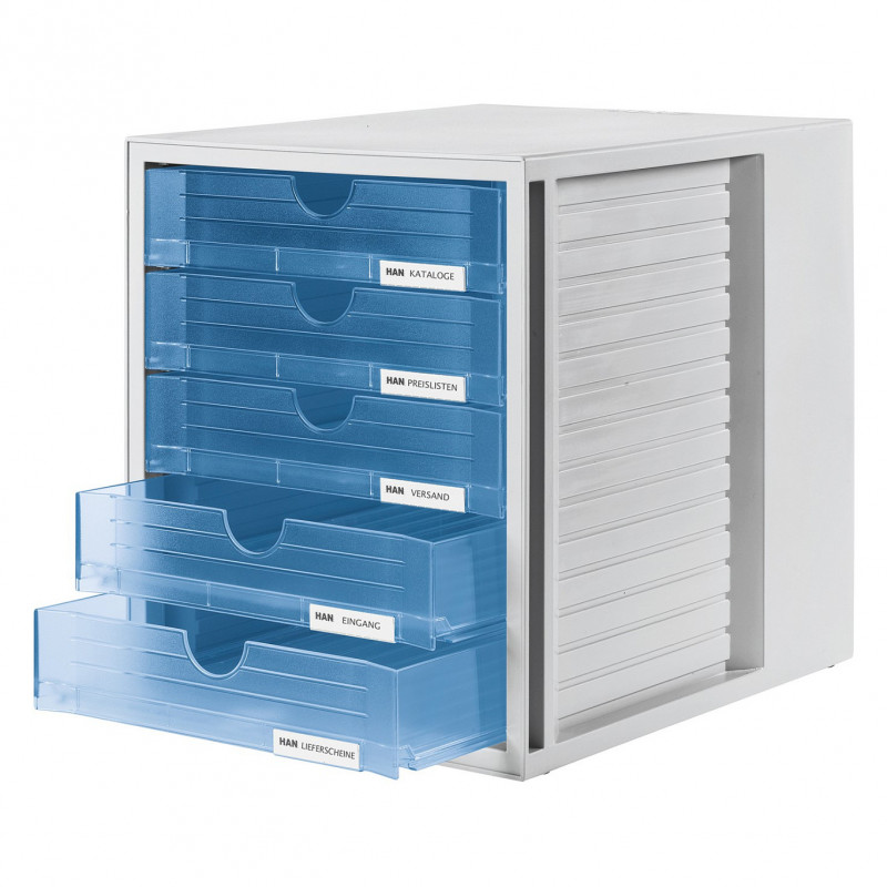 HAN 1450-64 DIN A4 Schubladenbox, 5 geschlossene Schubladen, Transluzentblau/Hellgrau, 27,5 x 33 x 32 cm