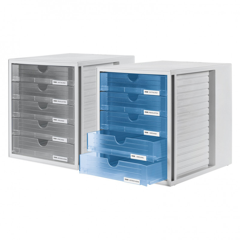 HAN 1450-63 DIN C4 Schubladenbox, 5 geschlossene Schubladen, transparent hellgrau, 27,5 x 33,0 x 32,0 cm