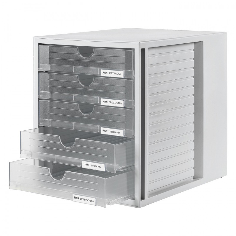 HAN 1450-63 DIN C4 Schubladenbox, 5 geschlossene Schubladen, transparent hellgrau, 27,5 x 33,0 x 32,0 cm