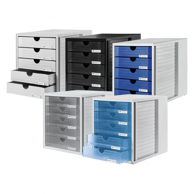 HAN 1450-63 DIN C4 Schubladenbox, 5 geschlossene Schubladen, transparent hellgrau, 27,5 x 33,0 x 32,0 cm