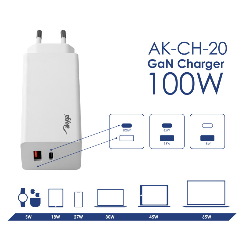Wandladegerät Akyga AK-CH-20 100W USB-C USB-A PD GaN 5-20V / 1.5-5A weiß