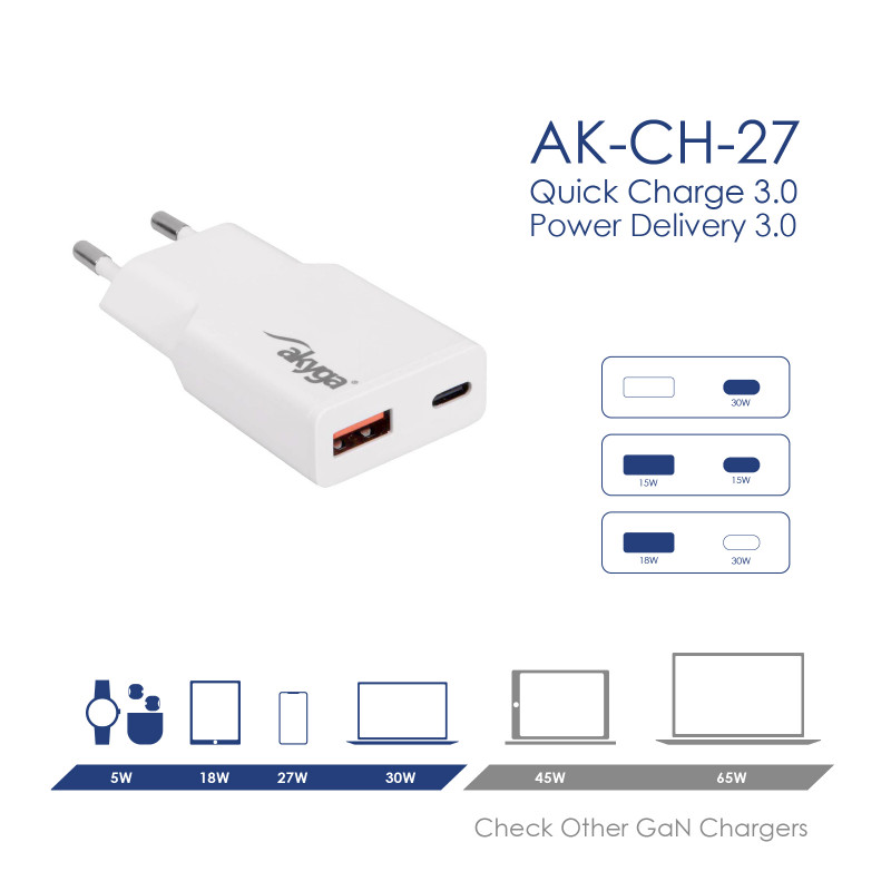Wandladegerät Akyga AK-CH-27 30W USB-C USB-A PD GaN 5-20V / 1.5-3A weiß