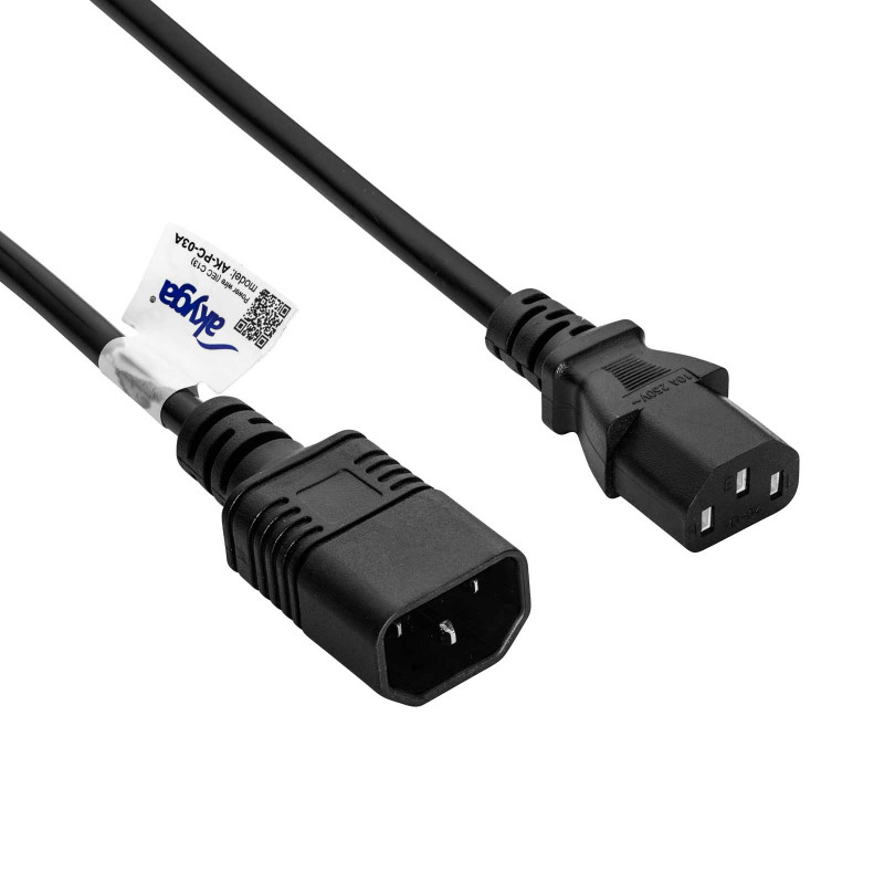 Akyga AK-PC-03C Strom-Verlängerungskabel IEC C14 auf IEC C13, Kupfer 3x0,75 mm², 1,8 m, Schwarz