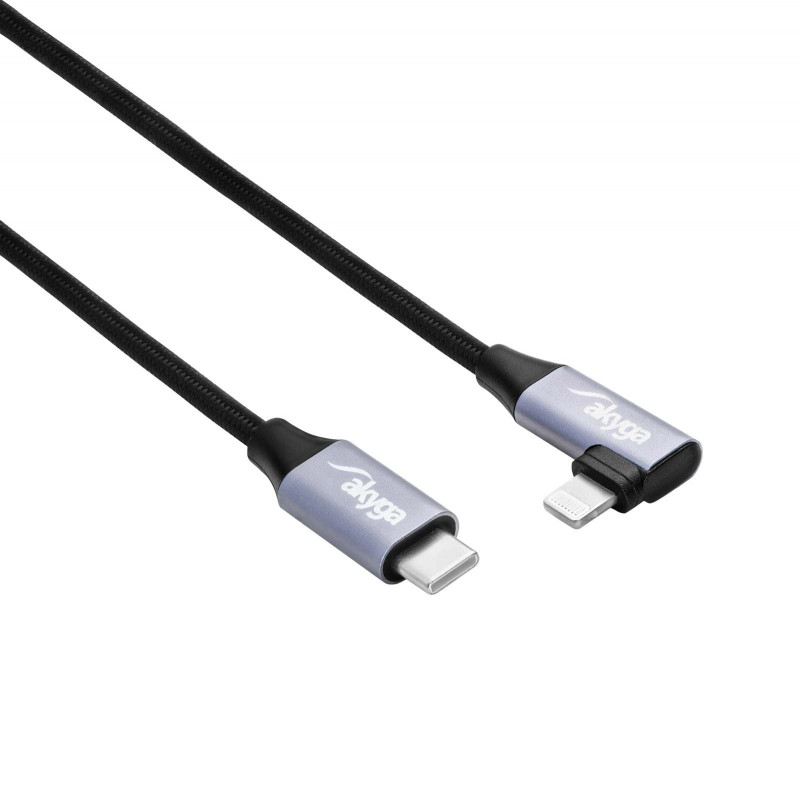 Akyga AK-USB-56 geflochtenes USB-C-auf-Lightning-Kabel mit gewinkeltem Stecker, USB 2.0, 30 W, 1 m, Schwarz
