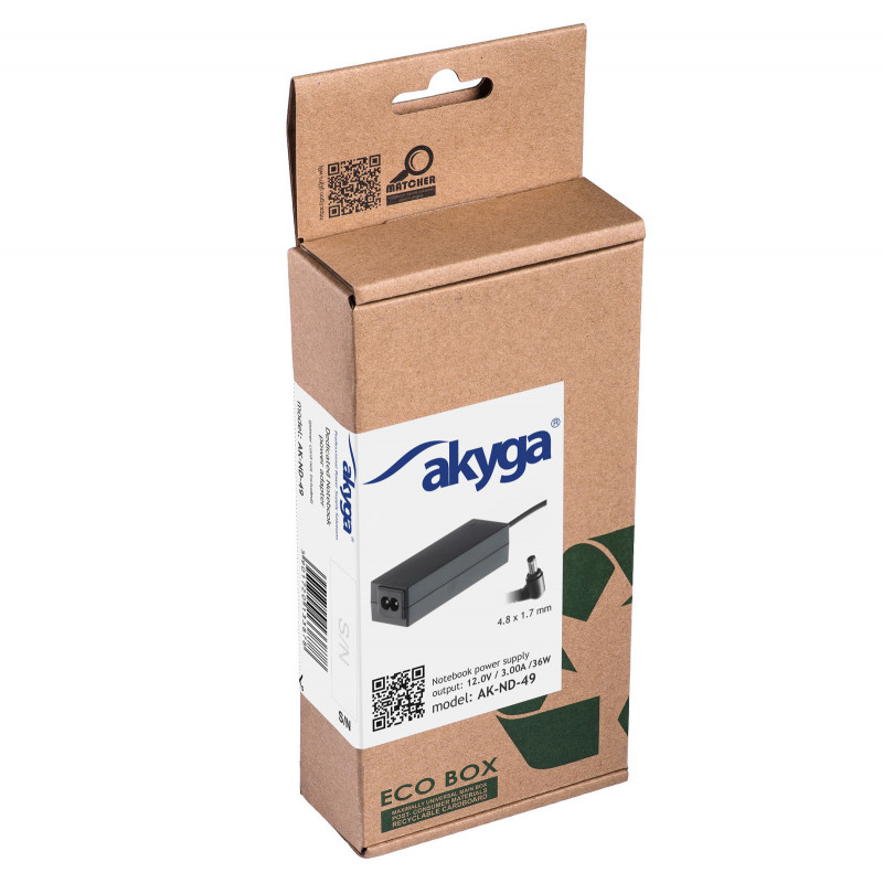 Akyga AK-ND-49 Notebook-Netzteil 12 V / 3,0 A, 36 W, 4,8 x 1,7 mm, 1,2 m, für ASUS