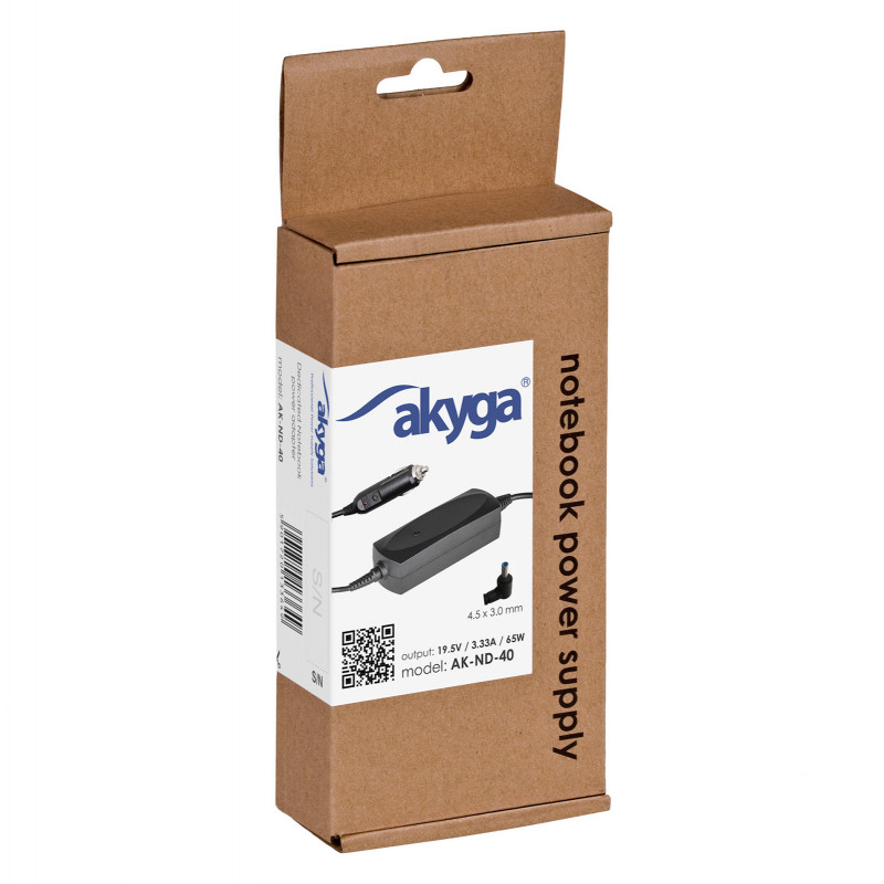 Akyga AK-ND-40 Kfz-Notebook-Netzteil 19,5 V / 3,33 A, 65 W, 4,5 x 3,0 mm + Pin, für HP
